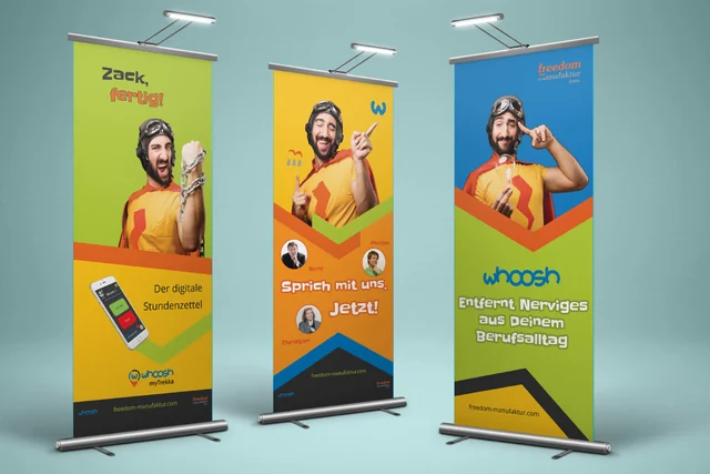Drei gestaltete Roll-ups für Freedom Manufaktur, whoosh und myTrekka