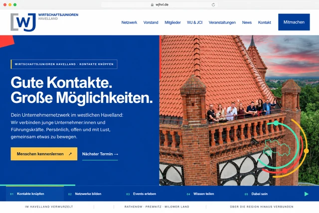 Visualisierung der aktuellen WJ-Havelland-Website mit blauem Startbereich und Bismarckturm-Motiv